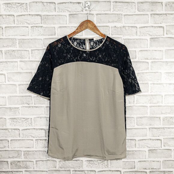 MARINA RINALD Large Lace Trim Blouse Gray Black Color-Block Large - Picture 6 of 7